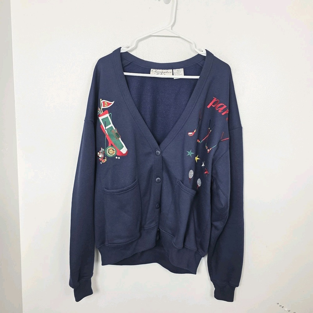 Vintage Navy Multicolor Preppy Golf Embroidered Grandpacore Sweater Size Large‎